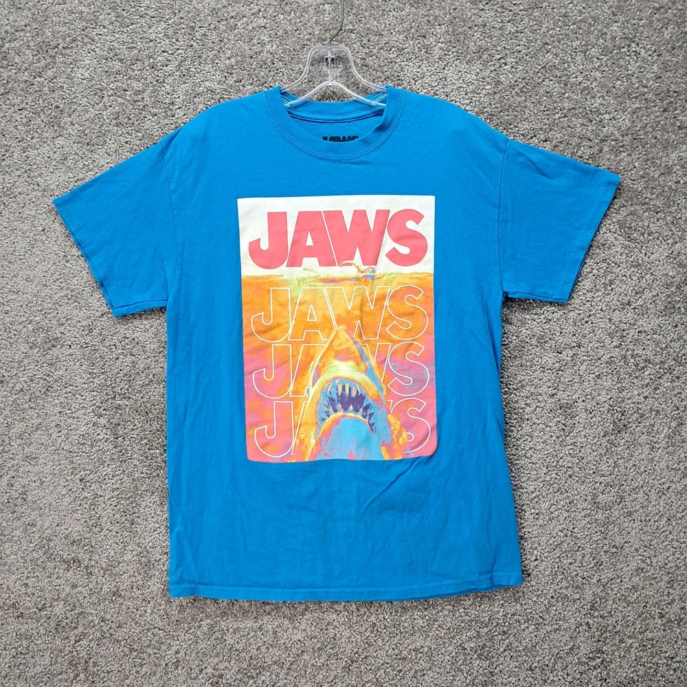 Jaws Movie Graphic T-Shirt Mens Medium Blue Shark Poster Cotton Short Sleeve Tee